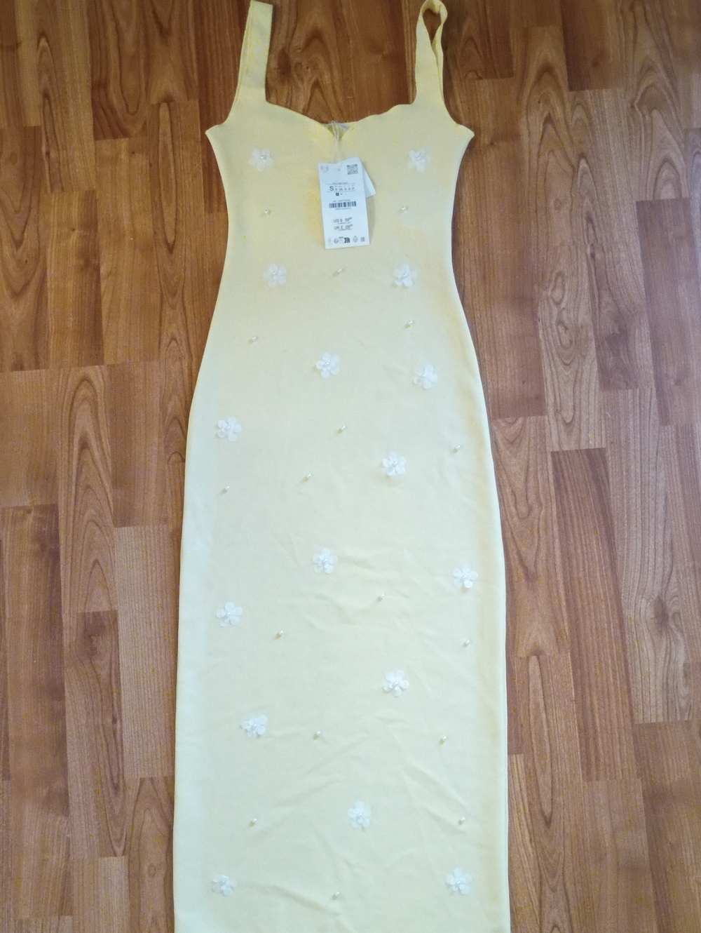 Zara Pale Yellow Strap Dress with White Floral Appliqués